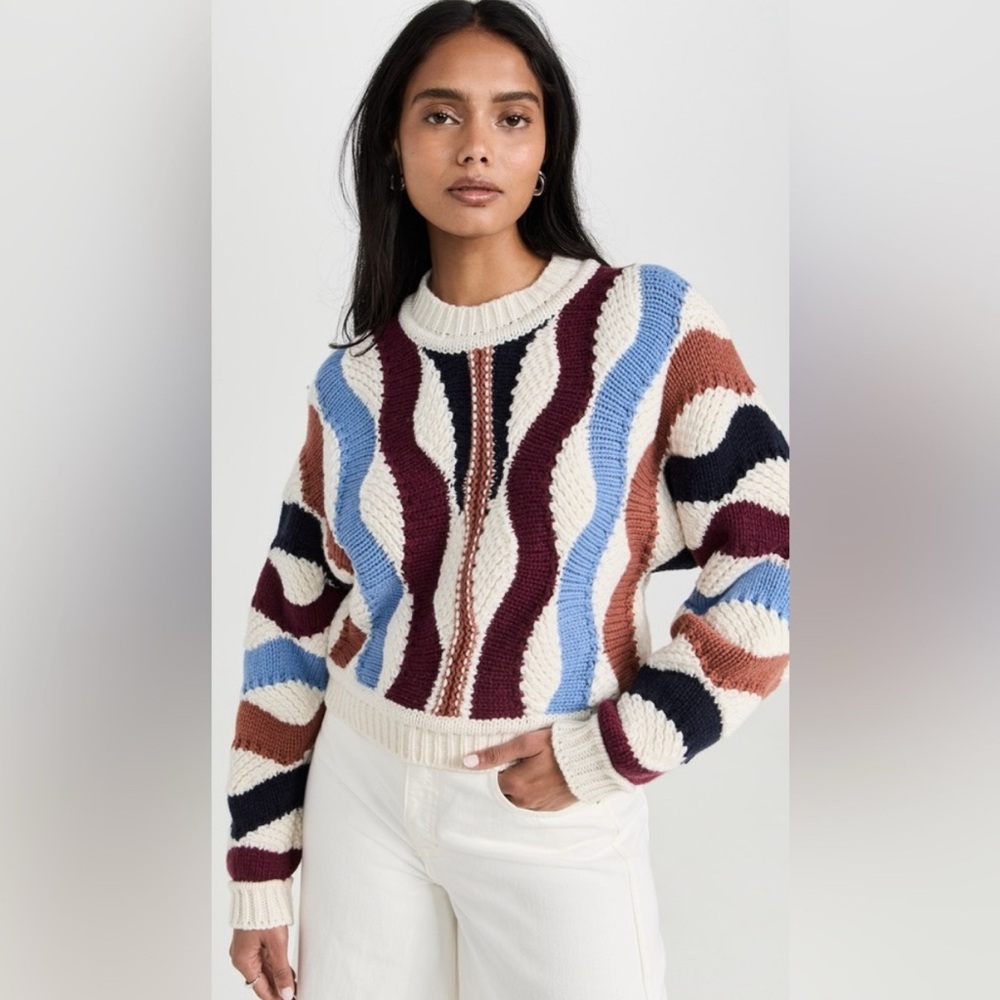 ba&sh Cream and Blue Crew Neck Sweater with Geometric Design